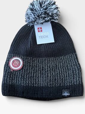 Swiss Tech Men's Pom Beanie in Black and Gray